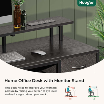 Huuger 47 inch Computer Desk with 4 Drawers, Gaming Desk with LED Lights & Power Outlets, Home Office Desk with Large Storage Space for Bedroom, Work from Home, Black - WoodArtSupply