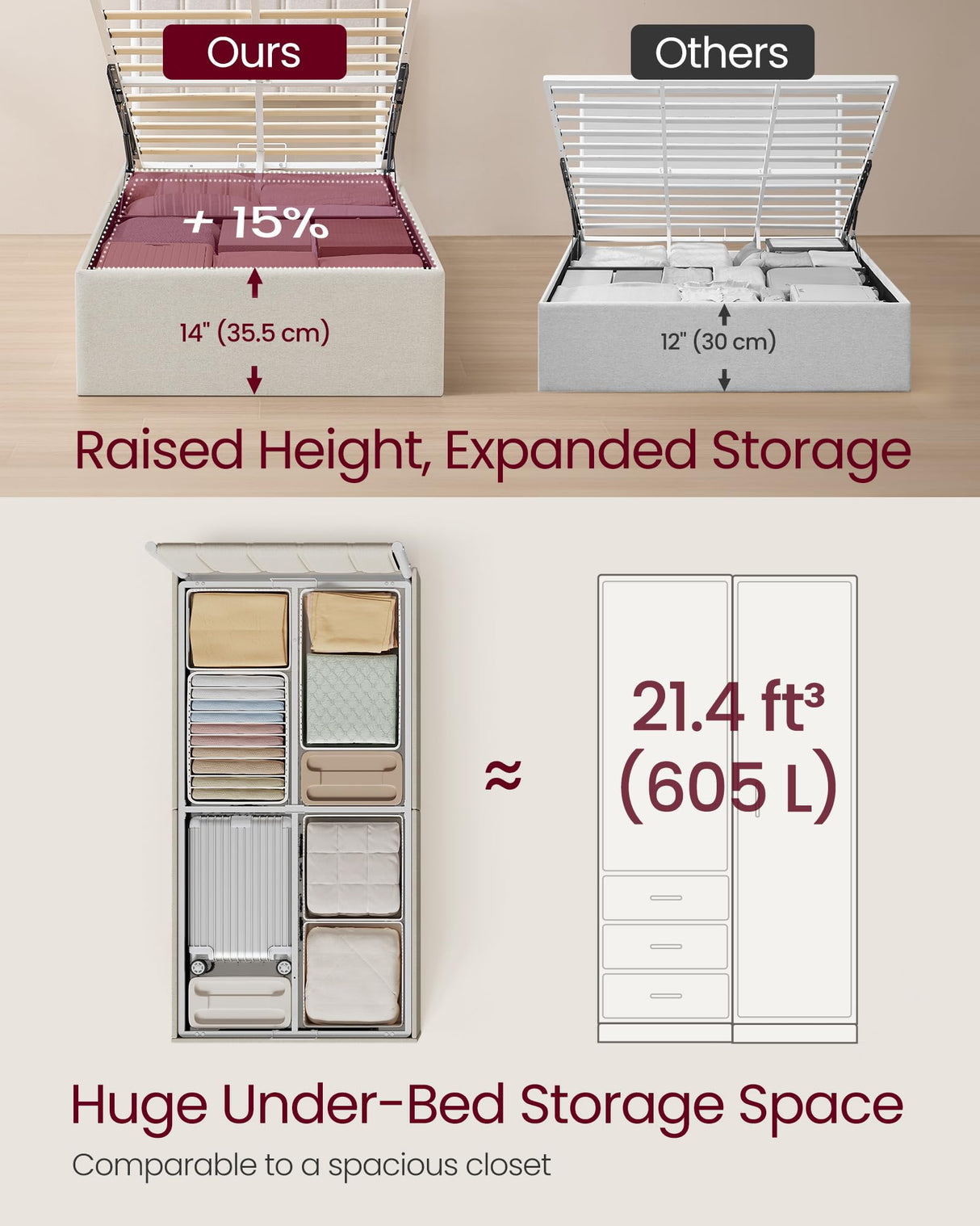 VASAGLE Lift Up Storage Bed Frame Twin Size, Hydraulic Platform Bed, with Upholstered Headboard, 550 lb Weight Capacity, No Box Spring Needed, Easy Assembly, Modern, Cappuccino Beige URMB603W01 VASAGLE