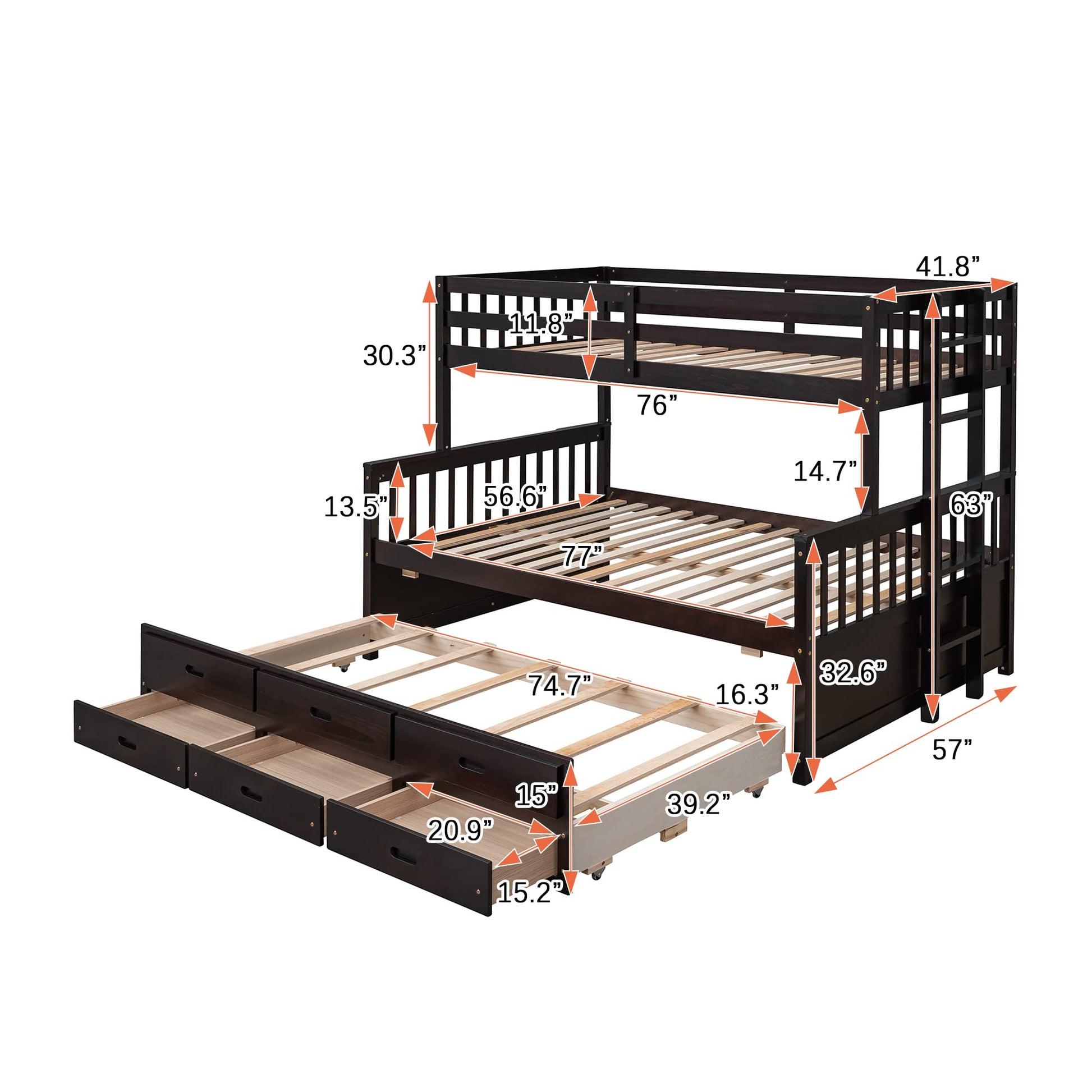 Linique Espresso Twin-Over-Full Bunk Bed with Trundle and 3 Storage Drawers - WoodArtSupply