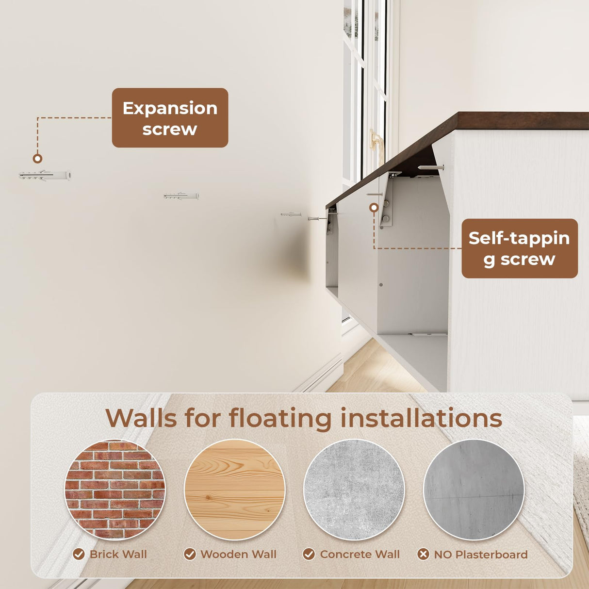 Floating TV Stand with Doors, 63'' Farmhouse Floating TV Shelf for TVs up to 80 Inch, 2 Tier Wall Mounted TV Stand, Floating Entertainment Center, TV Floating Cabinet for Living Room, Bedroom, White ALLSTAND
