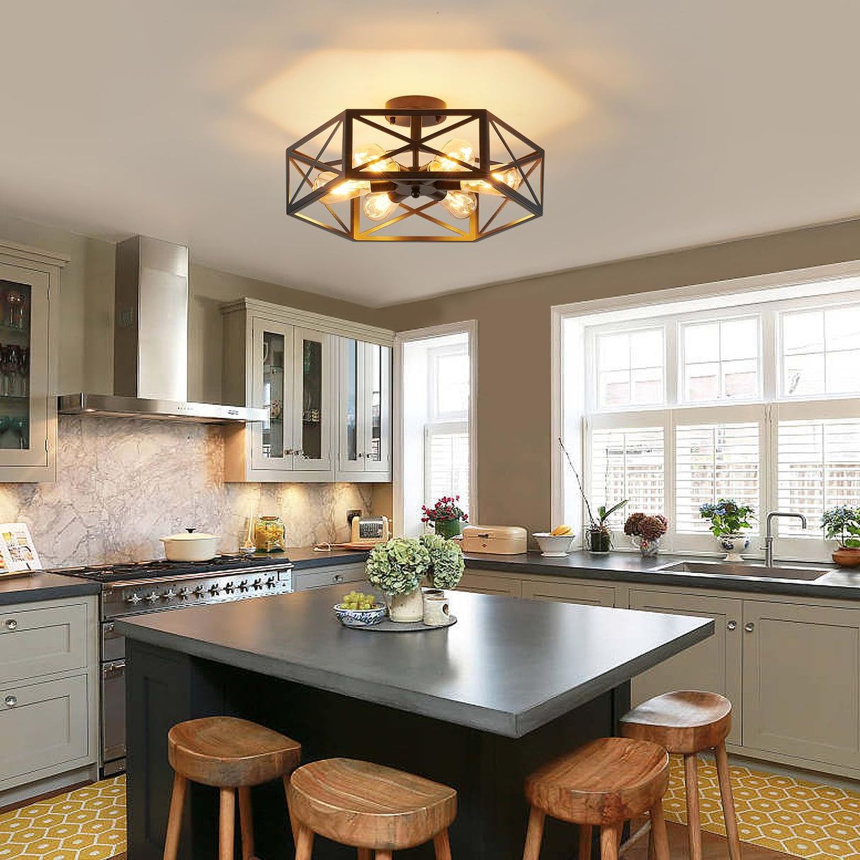 XSDeTu Industrial Semi Flush Mount Ceiling Light, 6 Light Modern Metal Close to Ceiling Light Fixture, Farmhouse Light Fixtures Ceiling Mount, Black Chandelier for Kitchen, Dining Room, Hallway XSDeTu