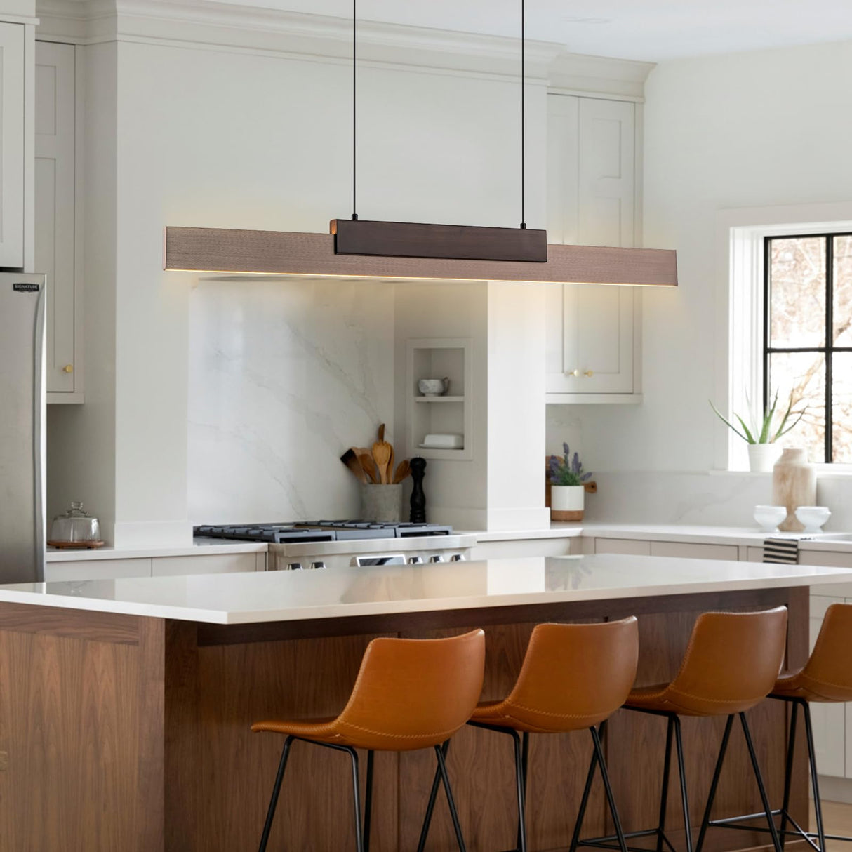 Y'INSP Modern Wooden LED Pendant Light Fixtures 47 Inch Linear Dimmable Pendant Light Height Adjustable Dining Room Light 35W Walnut Color Linear Chandelier for Kitchen Island Y'INSP