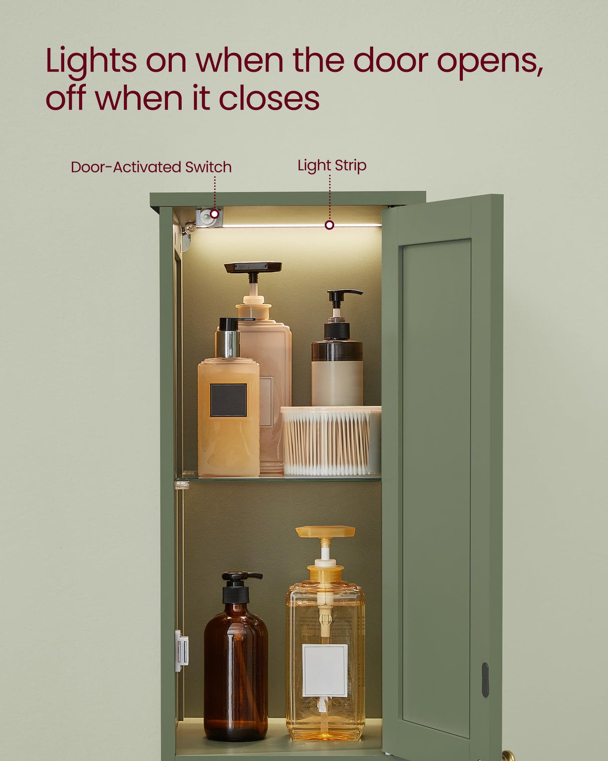 VASAGLE Tall Bathroom Cabinet with Lights, Slim Bathroom Storage Cabinet, Freestanding Narrow Cabinet with Adjustable Shelves, for Small Spaces, Modern, 11.8 Inches Wide, Forest Green UBBC566C01 VASAGLE