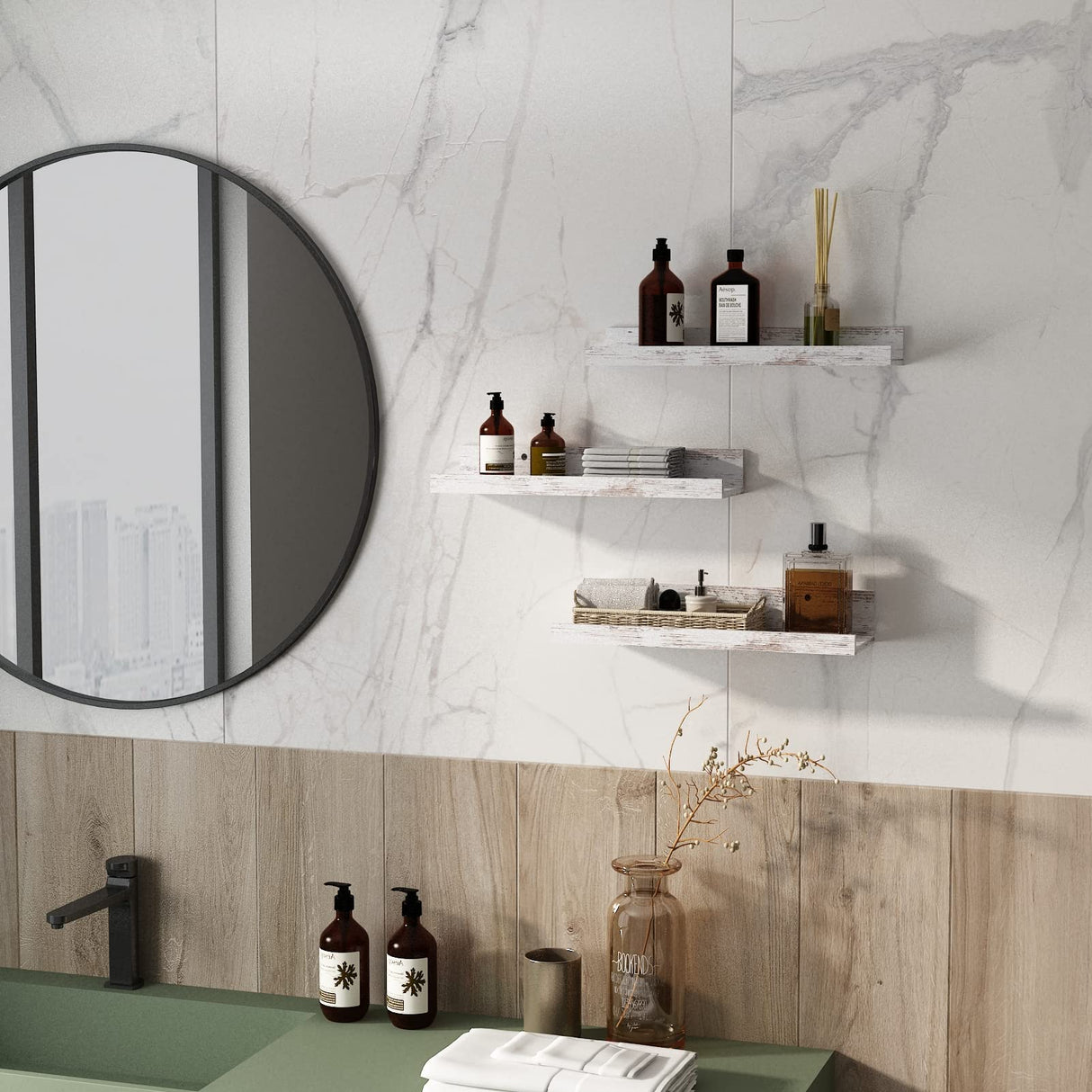 Lavezee 16 Inch Floating Shelves for Wall Set of 3, Rustic Picture Ledge Wall Mounted Shelf for Living Room, Bedroom, Kitchen, Bathroom, Distressed White Lavezee