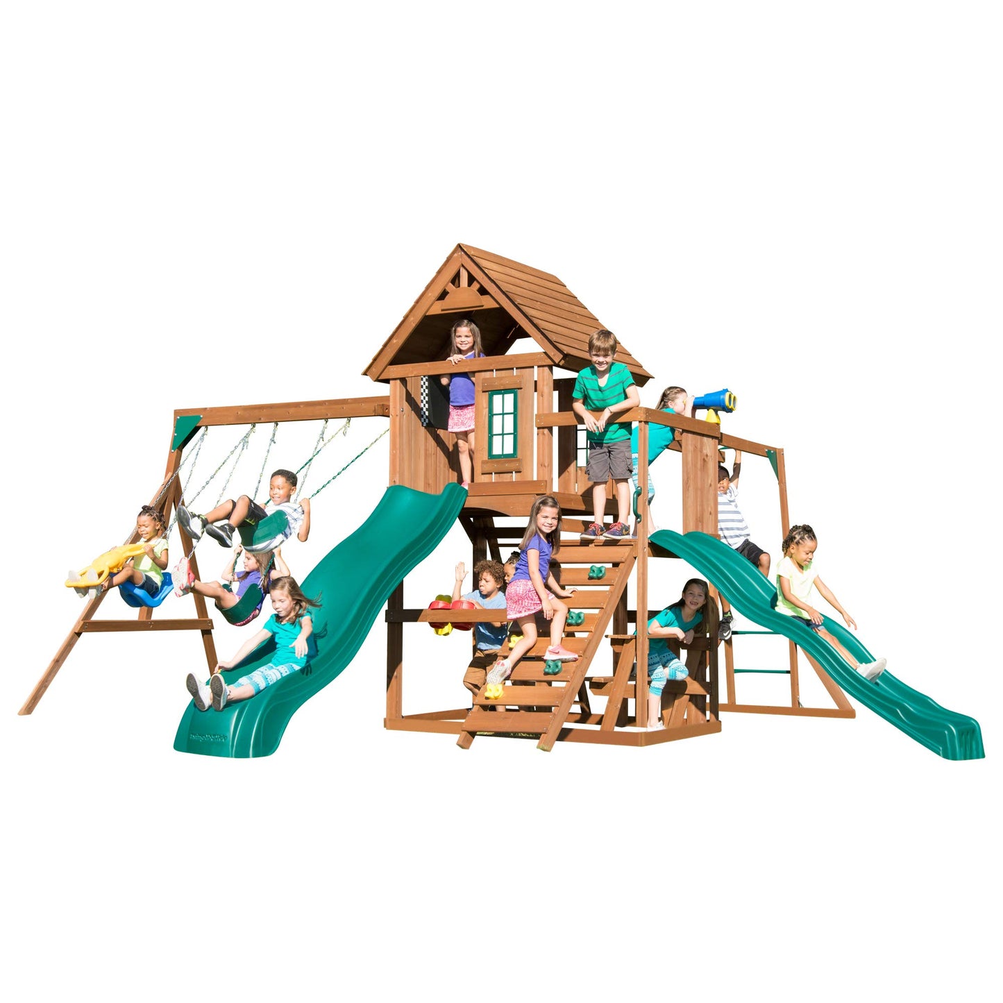 Swing-N-Slide WS 8354 Knightsbridge Super Wooden Swing Set with Two Slides, Play Set, Monkey Bars, Climbing Wall, Music Play & Climbing Wall, Wood, Green - WoodArtSupply