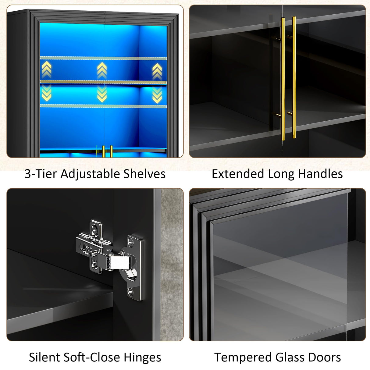 LVSOMT Display Cabinet with Glass Doors, 65" Tall Bookcase with 3 LED Lights/Human Body Sensor, 5 Tier Display Cases for Collectibles, Adjustable Storage Shelves, Home Office, Living Room, Black LVSOMT