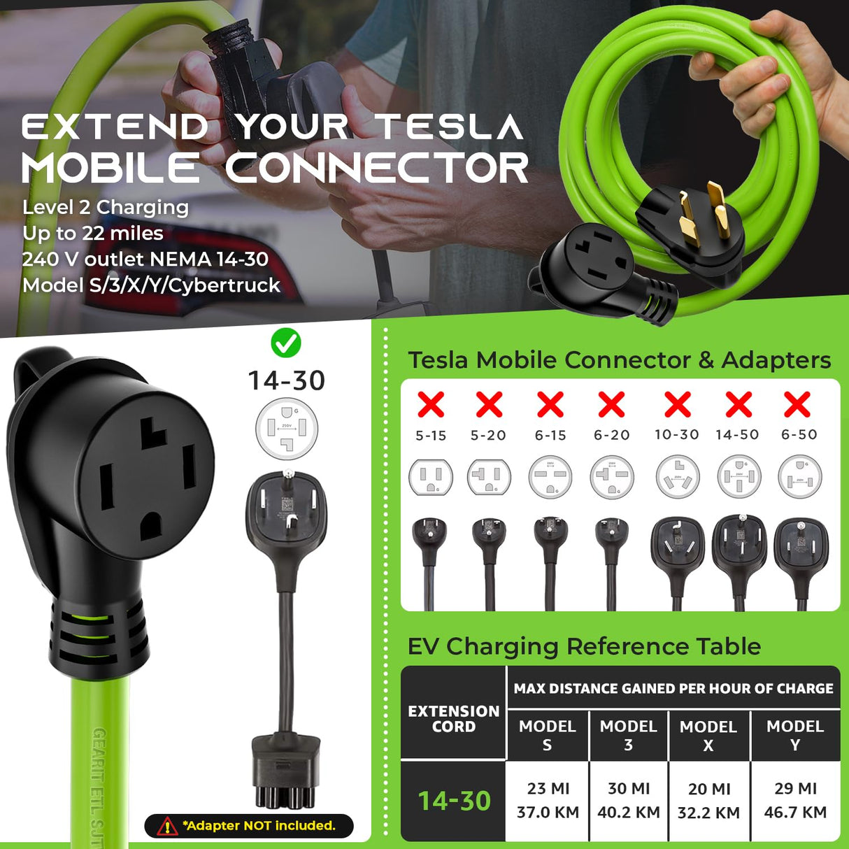 GEARit 30-Amp Extension Cord for Dryer and EV, 125/250-Volt, 4-Prong, Compatible with Tesla Model 3 Model Y Model X Model S, NEMA 14-30P to 14-30R, Level 2 EV Charging Cable STW 10AWG/4, 50 Ft, Green GearIT