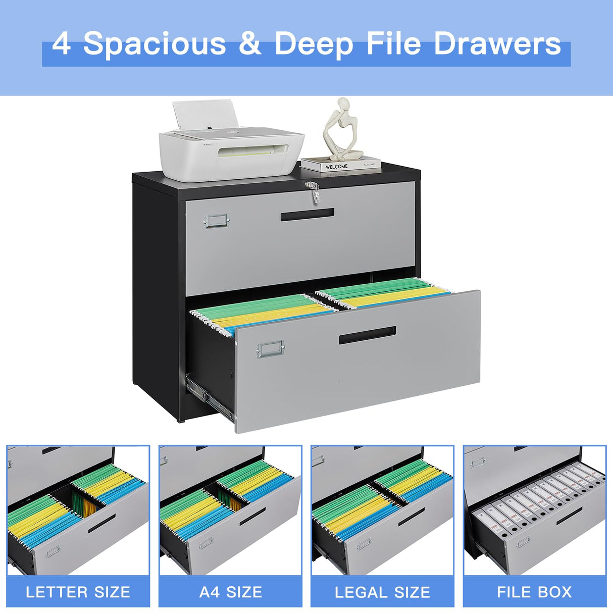 Yizosh 2 Drawer File Cabinet with Lock, Filing Cabinet for Home Office, Metal Locking Office File Storage Cabinet with Drawers, Lateral Filing Cabinet Organizer for Letter/Legal/F4/A4 Yizosh