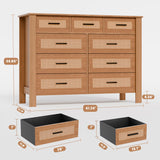 9 Drawer Dresser for Bedroom, Rattan Chest of Dressers, Modern Boho Wooden Dresser Chest with Mental Handles, Living Room and Entryway Loreena