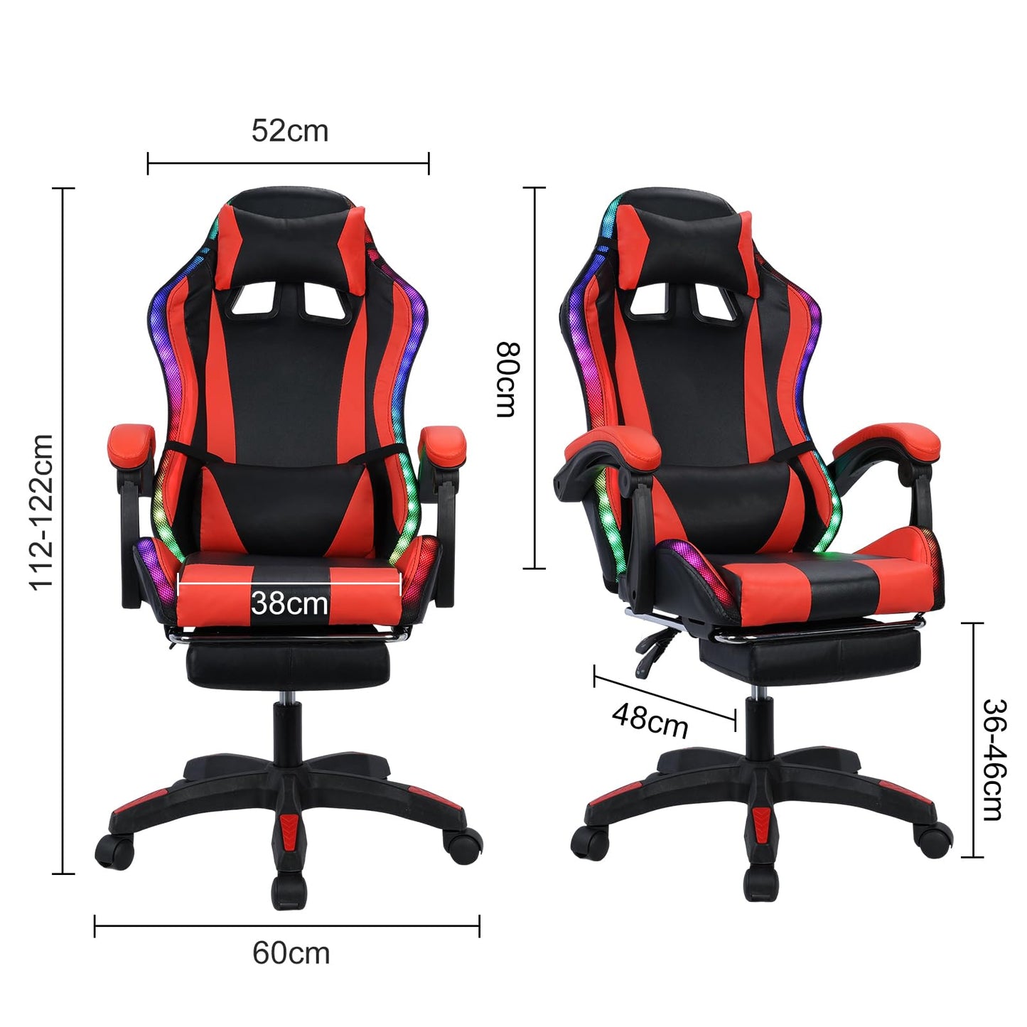 Gaming Chair and RGB LED Lights,Ergonomic Computer Chair with Bluetooth-Compatible Speakers,Height Adjustable Massage Computer Chair,Video Game Chair High Back with Lumbar Support (Red)