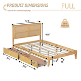 Majnesvon Boho Full Size Bed Frame with Natural Rattan Headboard, Wooden Platform Bedframe with 2 Drawer, Under Bed Spacious Storage, No Box Spring Needed (White, Full) Majnesvon