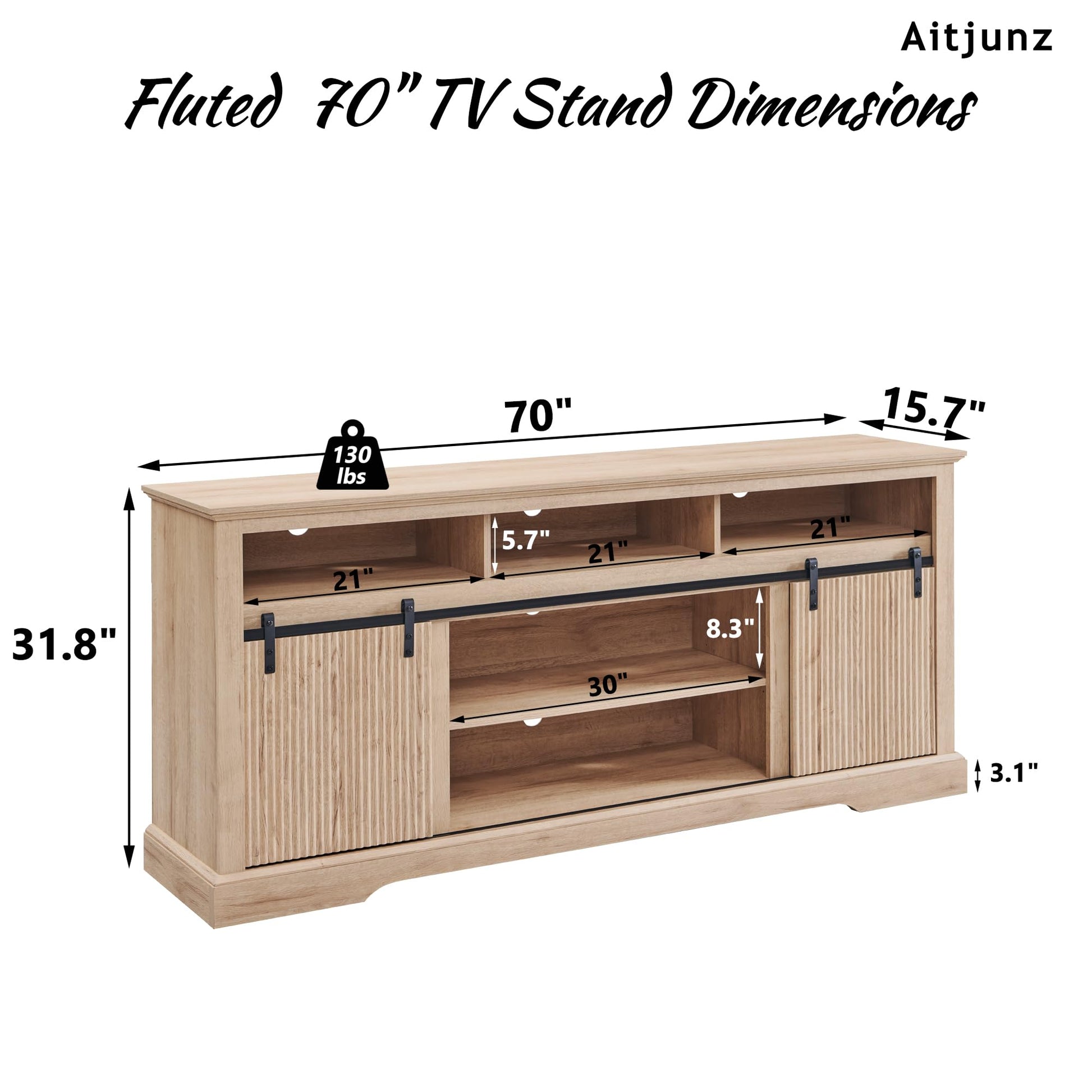 Fluted TV Stand for 80 Inch TVs, 32" Modern Entertainment Center with Waveform Panel Sliding Door, Media Console Cabinet w/Storage, Soundbar & Adjustable Shelf for Living Room, 70 inch (Natur - WoodArtSupply