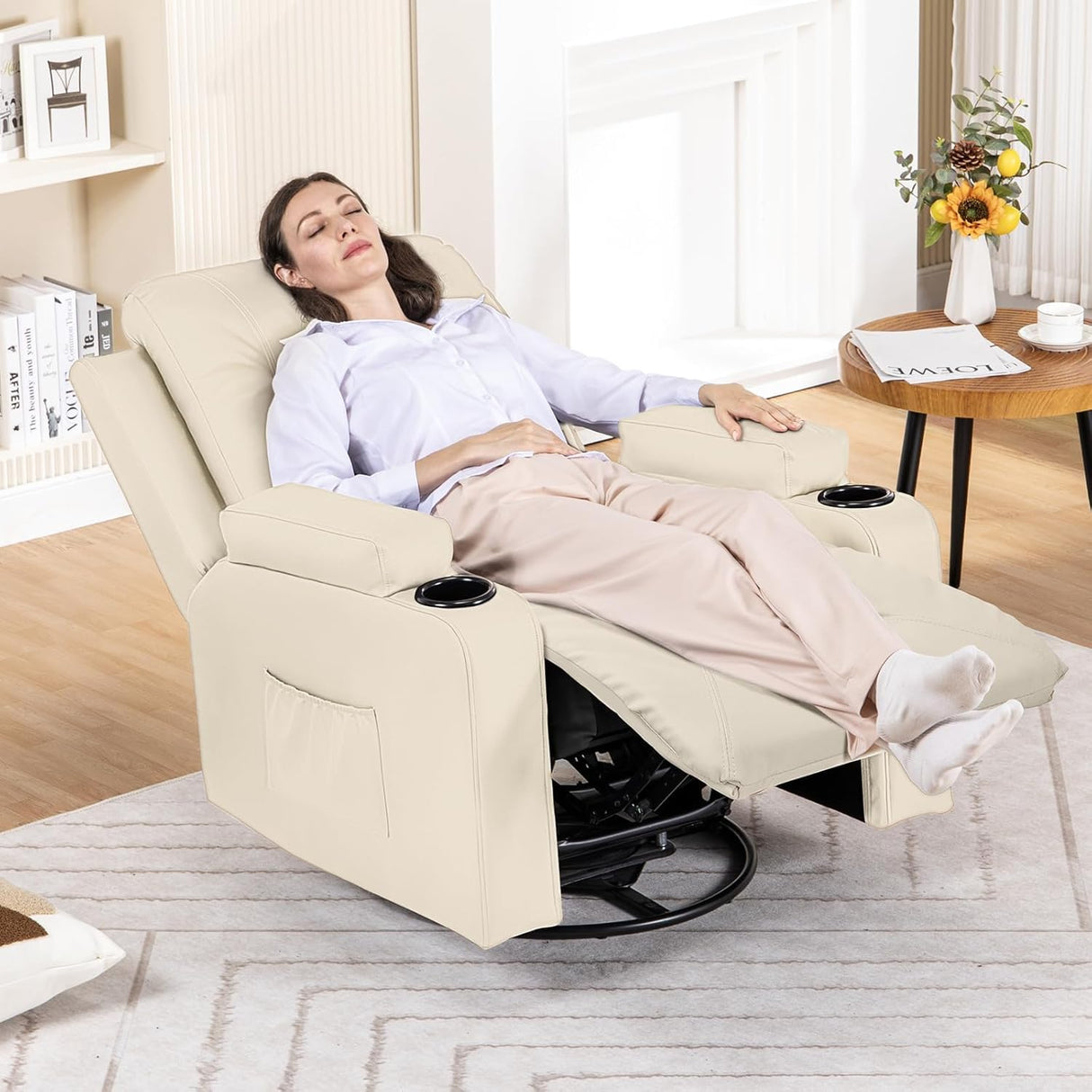COMHOMA OMHOMA Recliner Chair, Swivel Rocker Recliners, Massage and Heat Reclining Chair, Reclining Sofa with Side Pockets, Cup Holders for Living Room, Bedroom (White) COMHOMA