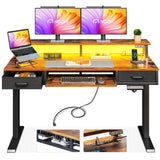 AODK Electric Standing Desk with 2 Drawers & Keyboard Tray and USB & LED Lights, 47inch Rustic Brown, Height Adjustable Desk with Power Outlets & LED Lights, Stand Up Desk with Monitor Shelf AODK