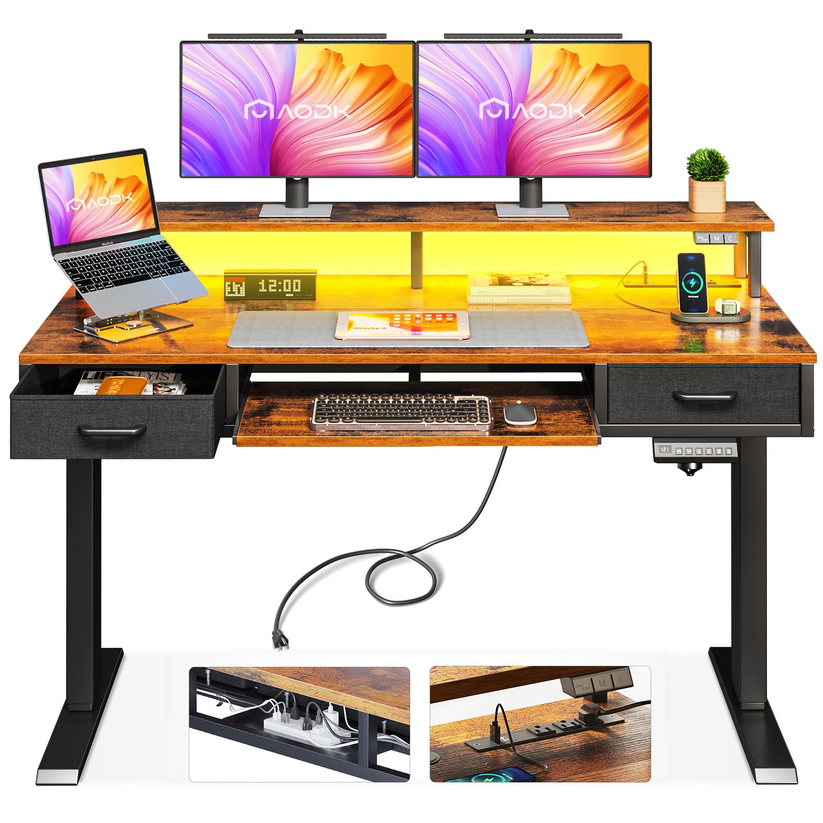 AODK Electric Standing Desk with 2 Drawers & Keyboard Tray and USB & LED Lights, 47inch Rustic Brown, Height Adjustable Desk with Power Outlets & LED Lights, Stand Up Desk with Monitor Shelf - WoodArtSupply