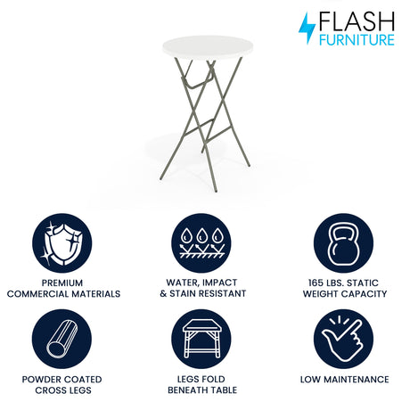 Flash Furniture Elon 2.6' Round Folding Bar Height Table for Parties and Commercial Events, Indoor/Outdoor Plastic Bar Height Folding Table, White Flash Furniture