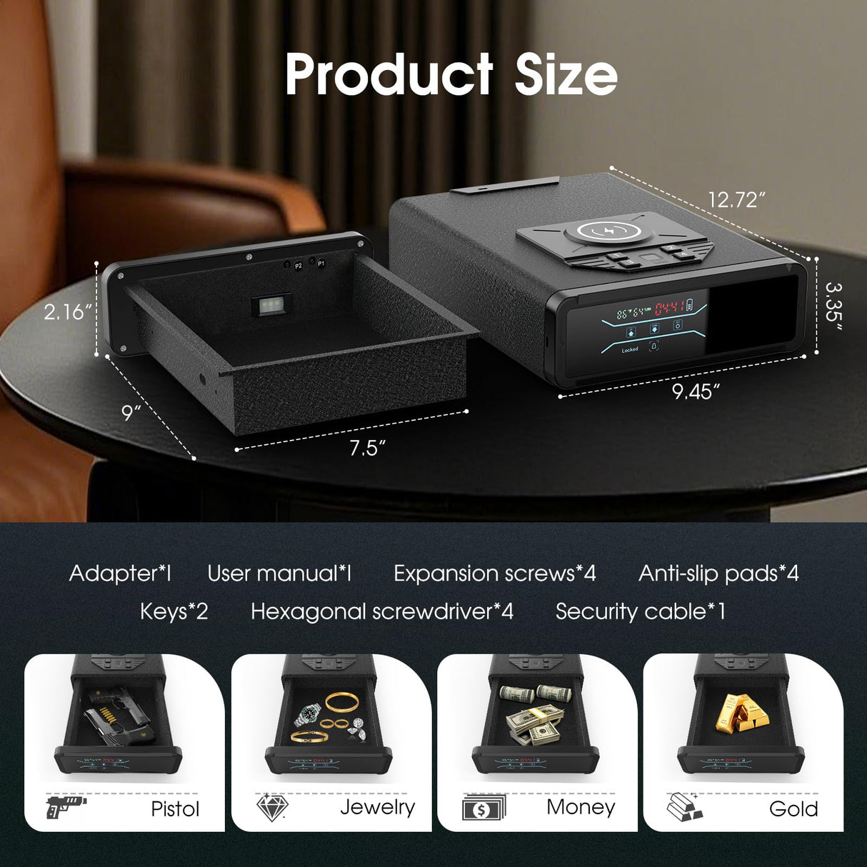 Gun Safe for Handgun Pistol Case - Biometric Quick Access Pistol Safe with Wireless Charging for Watch & Phone, 3-in-1 Fingerprint Keypad Key Lock Gun Box for Home Nightstand Bedside GODELAIF