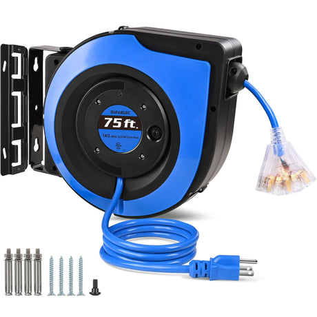 SURAIELEC Retractable Extension Cord Reel, 75 FT 14 AWG/3C SJTOW Power Cord, 3 Outlets Triple Tap, 10 AMP Circuit Breaker, Ceiling/Wall Mount, UL Listed SURAIELEC