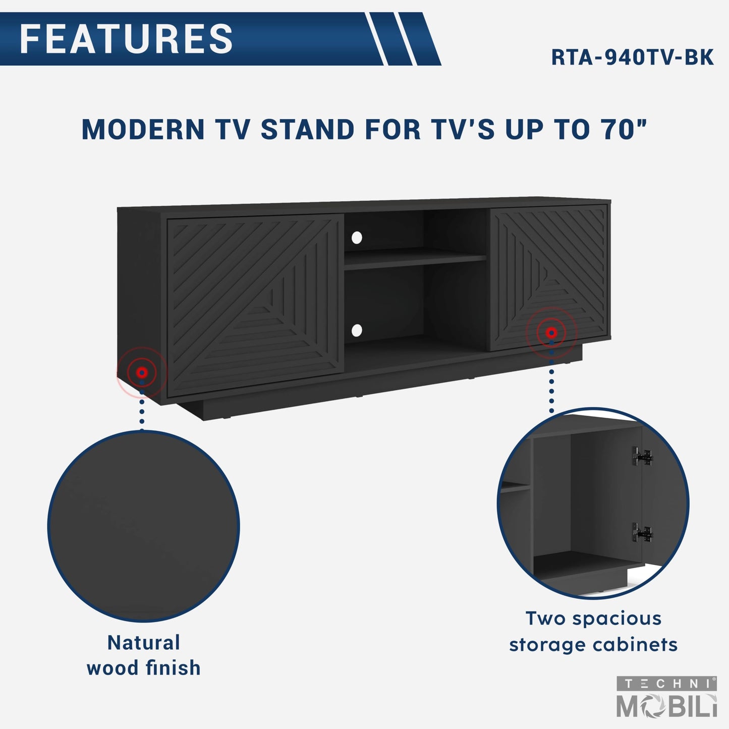 Techni Mobili Modern TV Stand for Screen TVs Up to 70” When Measured Diagonally – Black TV Stand with 2 Storage Cabinets with Patterned Doors and Open Shelves – Black