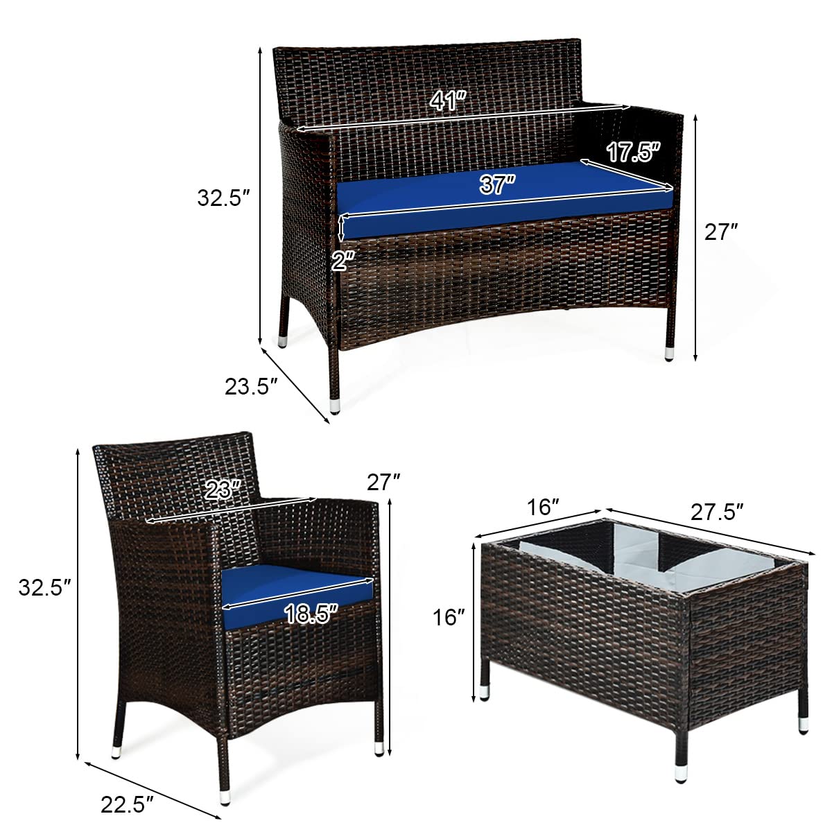 Goplus 4-Piece Rattan Patio Set, Outdoor/Indoor Wicker Conversation Set for Pool, Backyard, Lawn, Wicker Chairs and Sofa with Soft Cushion, Rattan Furniture with Tempered Glass Coffee Table Goplus