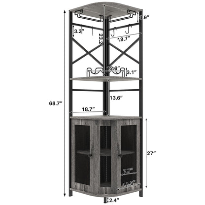 Corner Bar Cabinet, 69" Tall Wine Storage Cabinet with Adjustable Shelf, Industrial Home Display Liquor Cabinet with Glass Holder&Mesh Door, Wine Rack for Dining Room, Kitchen, Living Room (Grey)