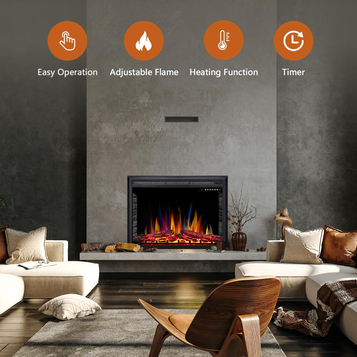 R.W.FLAME 39" Electric Fireplace Insert,Freestanding & Recessed Electric Stove Heater,Touch Screen,Remote Control,750W-1500W with Timer,Colorful Flame Option (39''X27'') R.W.FLAME