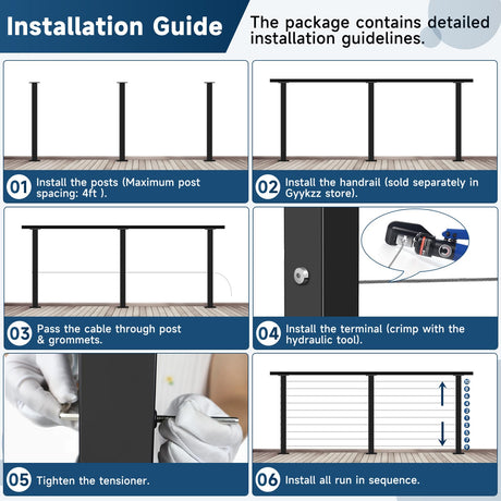 Gyykzz One-Stop Cable Railing Post Kit, 3 Pack Level Drilled Deck Post 36", Fixed Top Cable Railing System Including 3 Railing Post, 125ft Cable, 20 Terminal, 60 Cable Grommets (No Handrail) Gyykzz