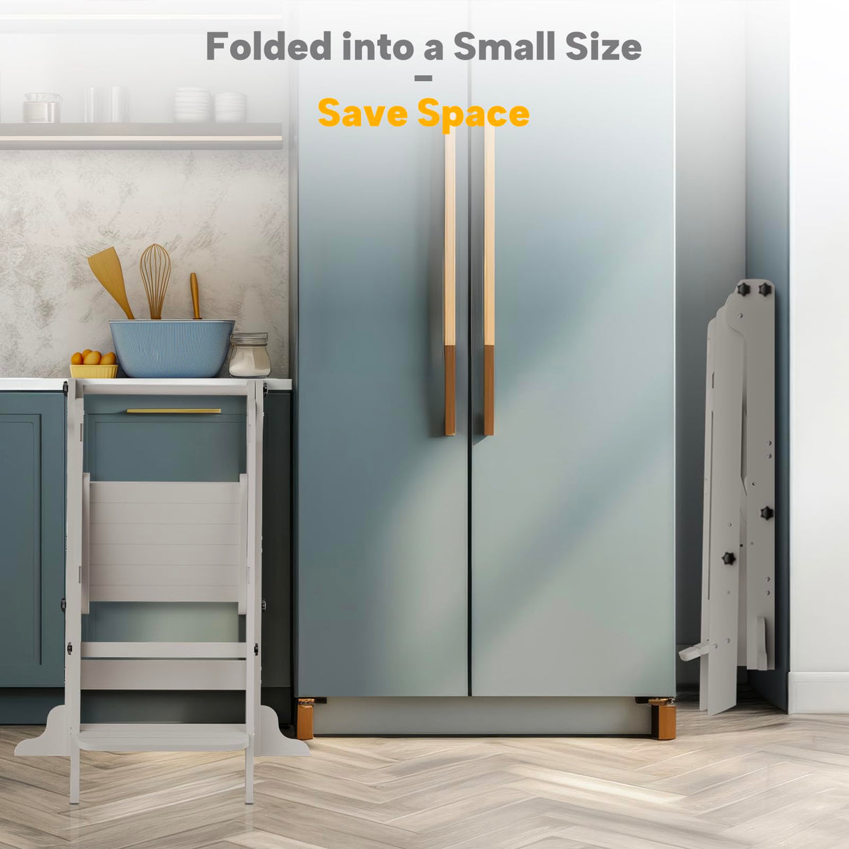 Toddler Tower Foldable, Kitchen Step Stool Helper with Safety Railing & 3 Adjustable Heights, Standing Tower with Double-Sided Drawing Board, Montessori Kitchen Tower for Toddlers/Kids Learning (Grey) SAUCE ZHAN