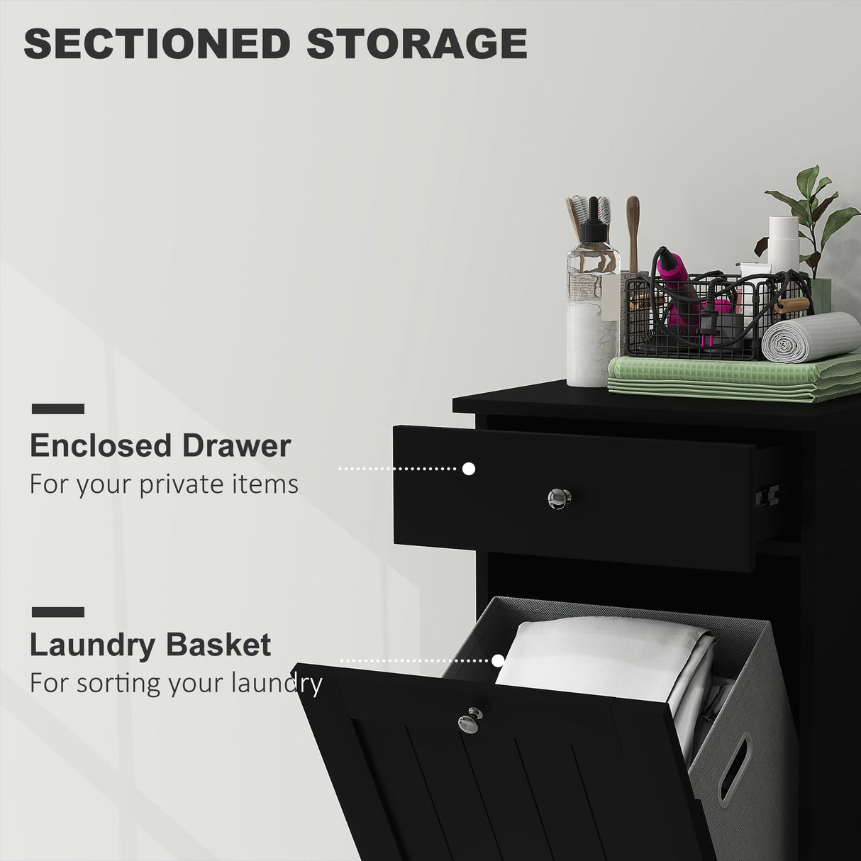 HOMCOM Laundry Hamper Cabinet with Removable Basket, Tilt Out Laundry Hamper Cabinet with Drawer and Beadboard Door, Laundry Cabinet Bathroom Storage Cabinet, Black HOMCOM