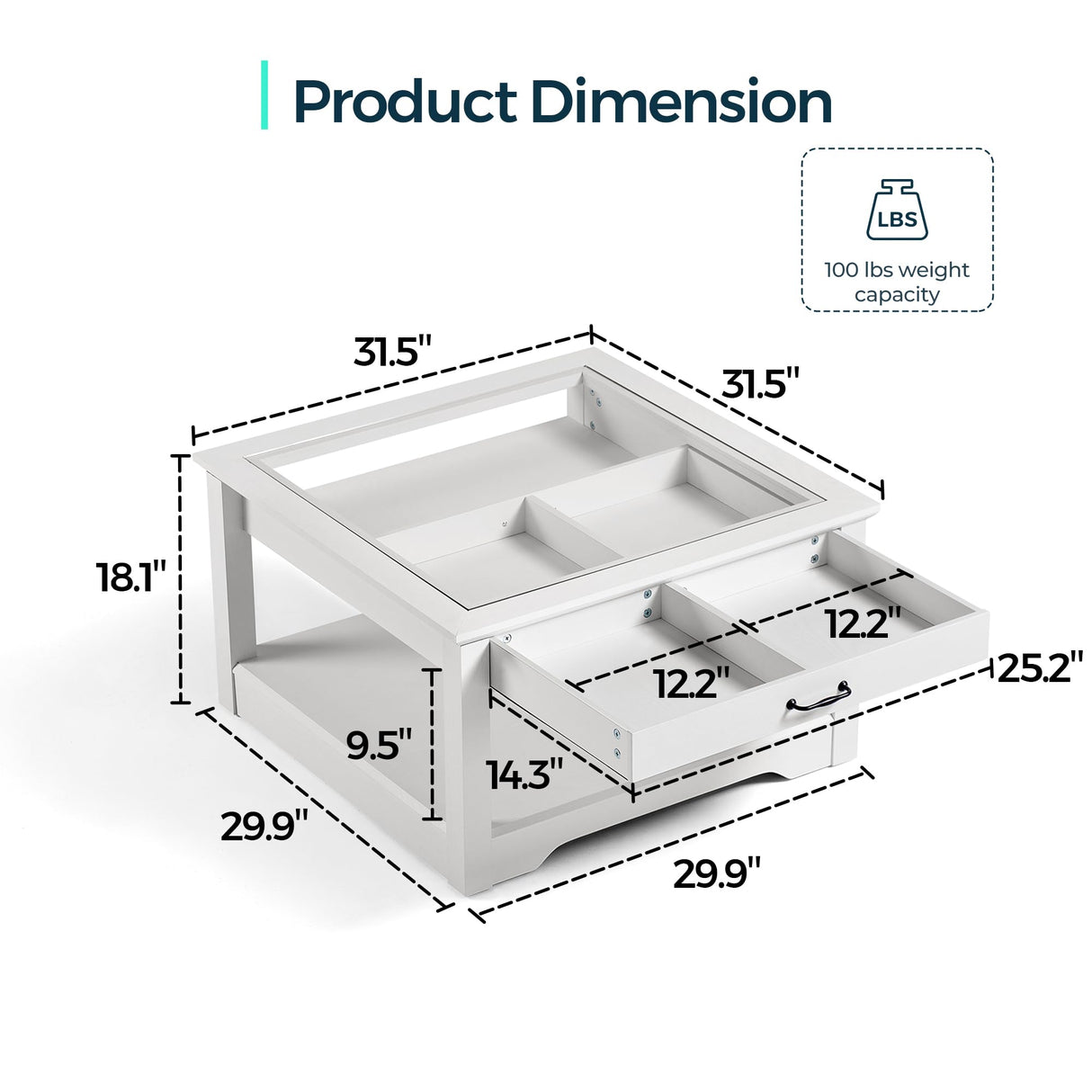 LINSY HOME Coffee Table, 31.5" Square Coffee Table with Glass Tabletop, Open Display Area and Storage Drawer, Modern Farmhouse Center Table for Living Room, White LINSY HOME