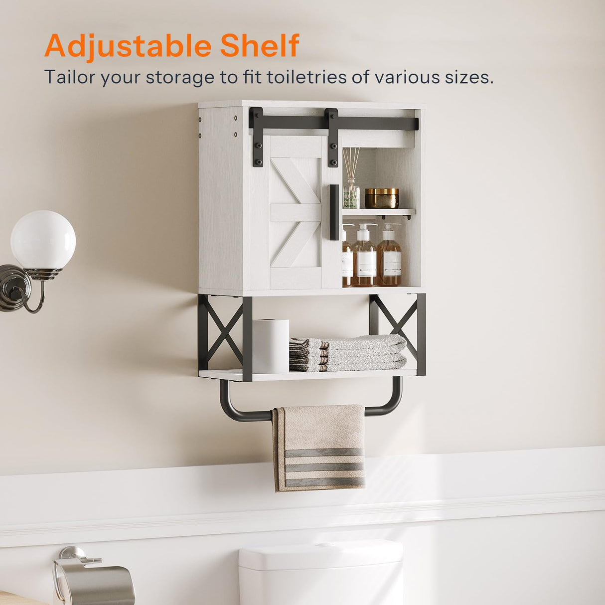 HOOBRO Medicine Cabinet, Farmhouse Bathroom Wall Cabinet with Sliding Barn Door, Adjustable Shelf and Towel Bar, Wall Mounted Storage Cabinet Over The Toilet for Bathroom, Kitchen, Bedroom, White HOOBRO