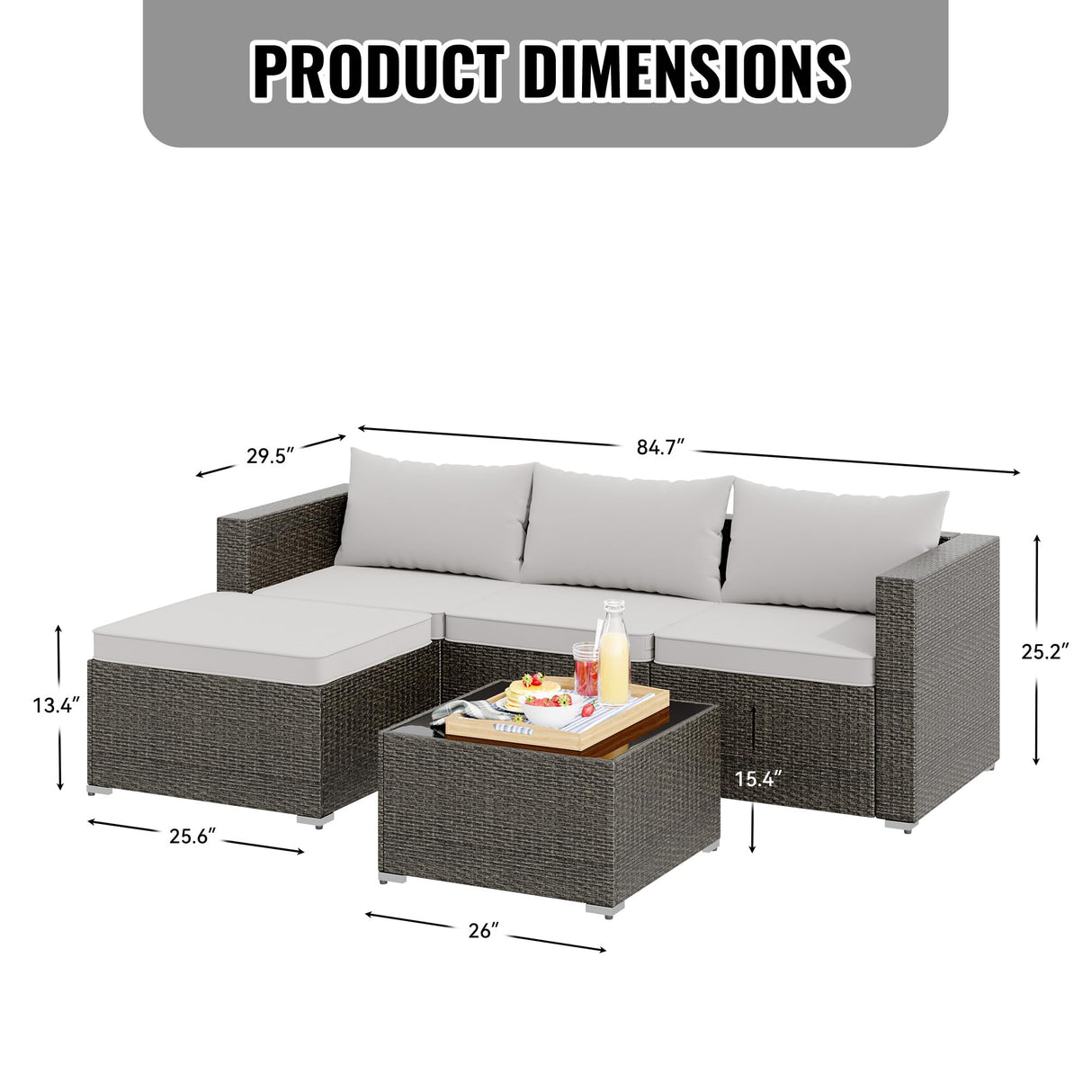 Nalupatio Patio Furniture Set,5 Piece Outdoor Patio Conversation Set All Weather Patio Sofa Manual Weaving Wicker Rattan Sectional Sofa with Washable Cushions & Glass Table for Poolside,Backyard-Gray Nalupatio