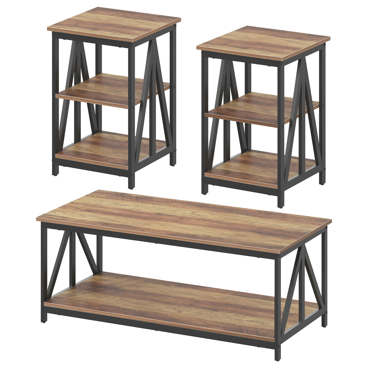 Bigbiglife Living Room Coffee Table Set of 3, Industrial Triangular-Design Coffee Table and 2 End Side Tables, 3 Piece Living Room Table Set with Large Storage for Apartment Home (Rustic Brown) Bigbiglife