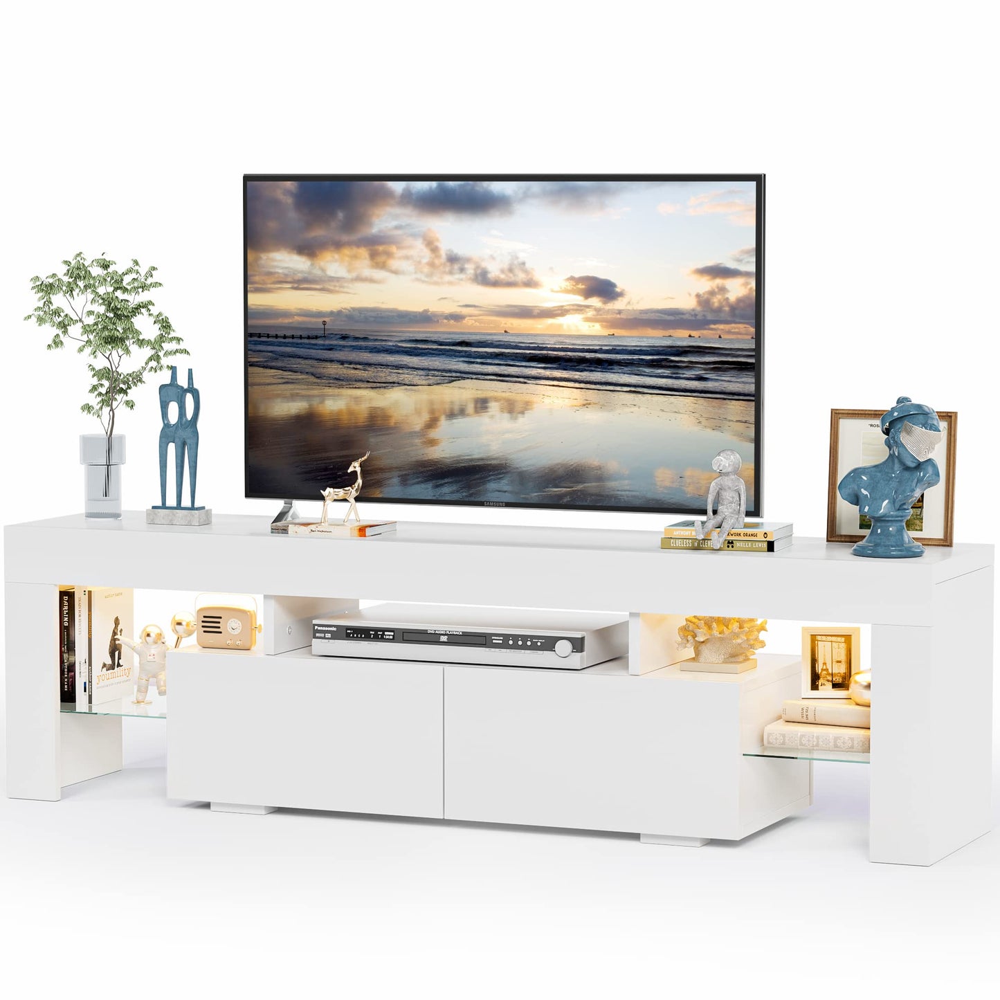 JUMMICO TV Stand, Modern Lighting TV Cabinet Entertainment Center Media and Open Shelf, TV Console Table with 1 Drawer and Remote Control, 20 Color LED Lights up to 70 Inch TV (White)