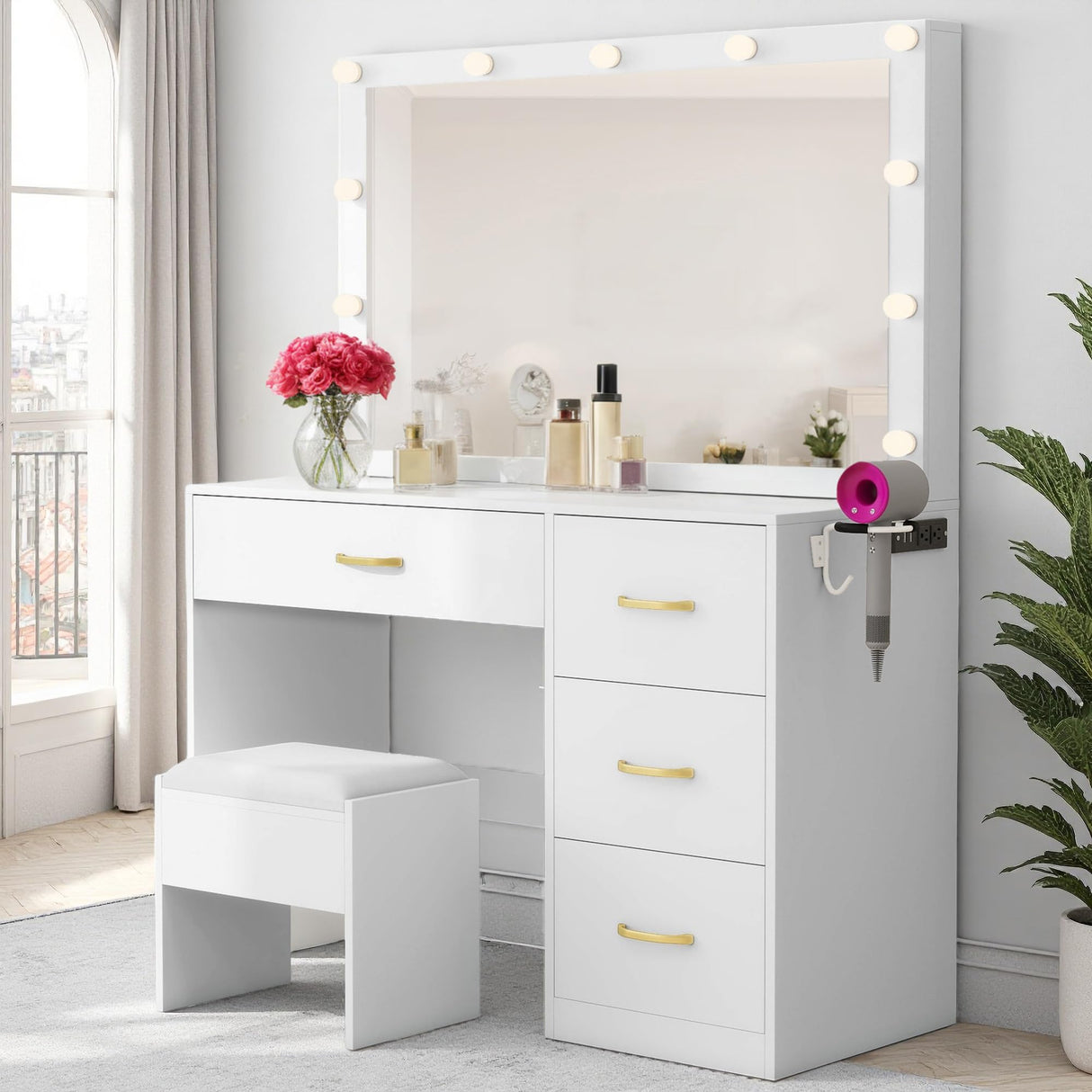 YITAHOME Vanity Desk, Vanity Mirror with Lights, Makeup Vanity Set with 4 Drawers, 3 Lighting Modes, Charging Station and Vanity Bench YITAHOME