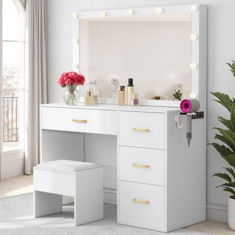 YITAHOME Vanity Desk, Vanity Mirror with Lights, Makeup Vanity Set with 4 Drawers, 3 Lighting Modes, Charging Station and Vanity Bench YITAHOME