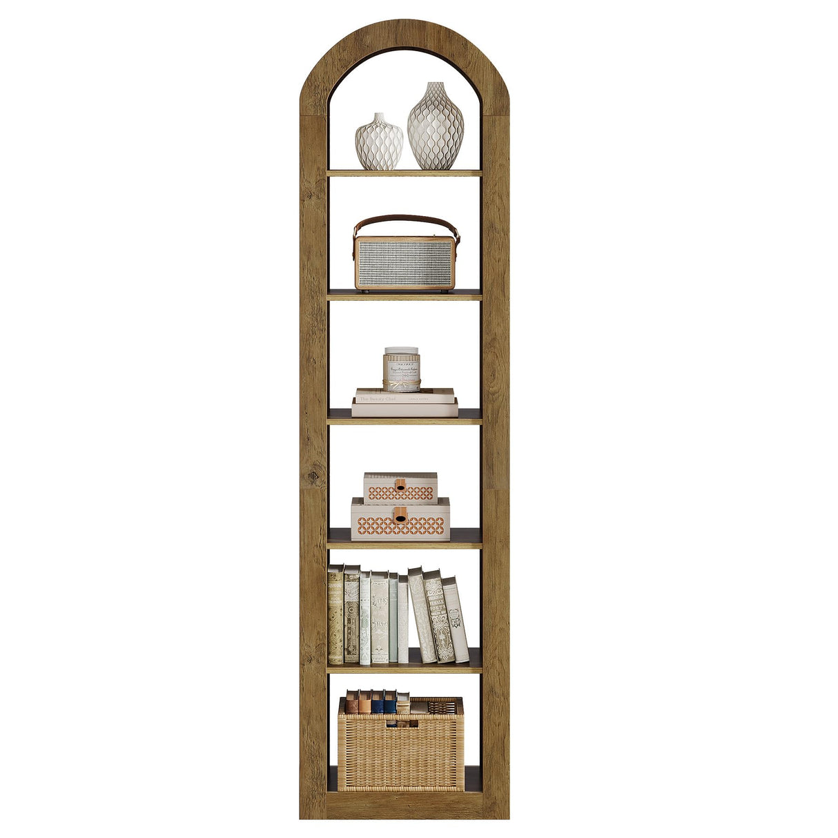 Tribesigns 74.8" Tall Arched Bookshelf, 6-Tier Narrow Open Bookcase, Floor Standing Corner Display Shelves Storage Organizer for Small Space, Home Office, Living Room (1, Brown) Tribesigns