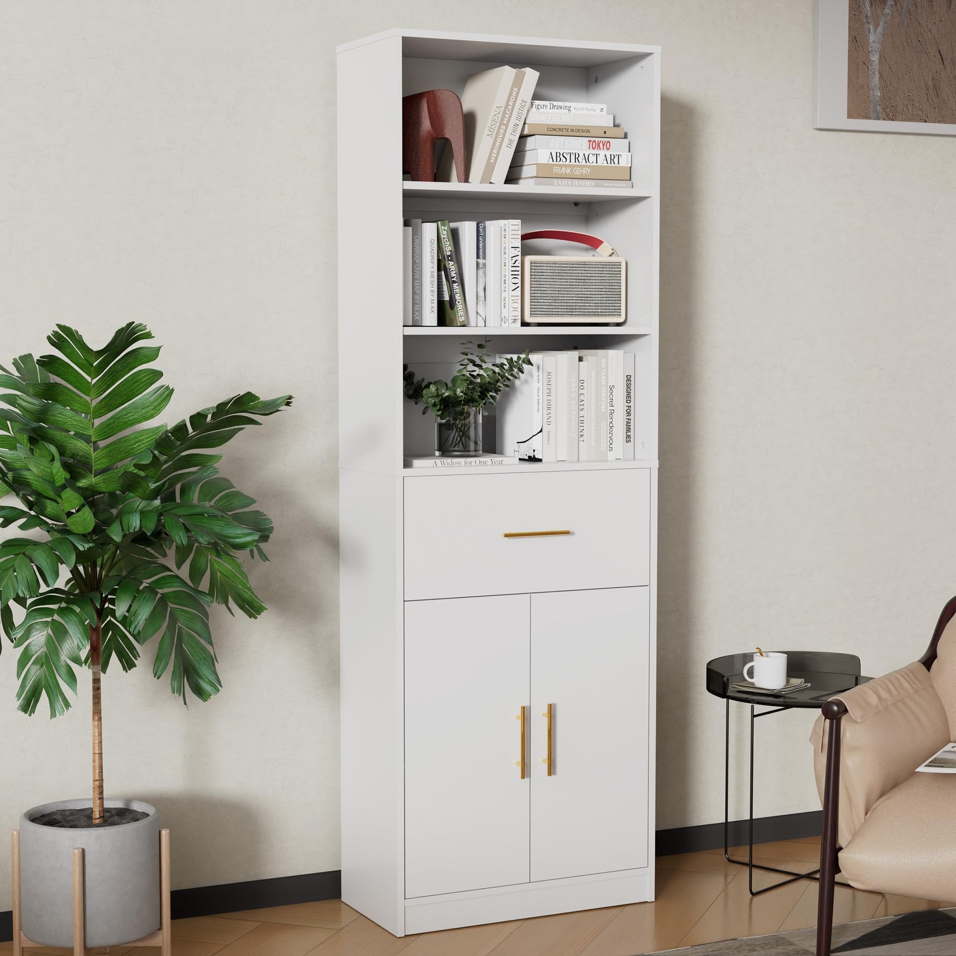 Cozy Castle 71-Inch White Bookcase with Drawer and 6-Tier Storage Cabinet - WoodArtSupply