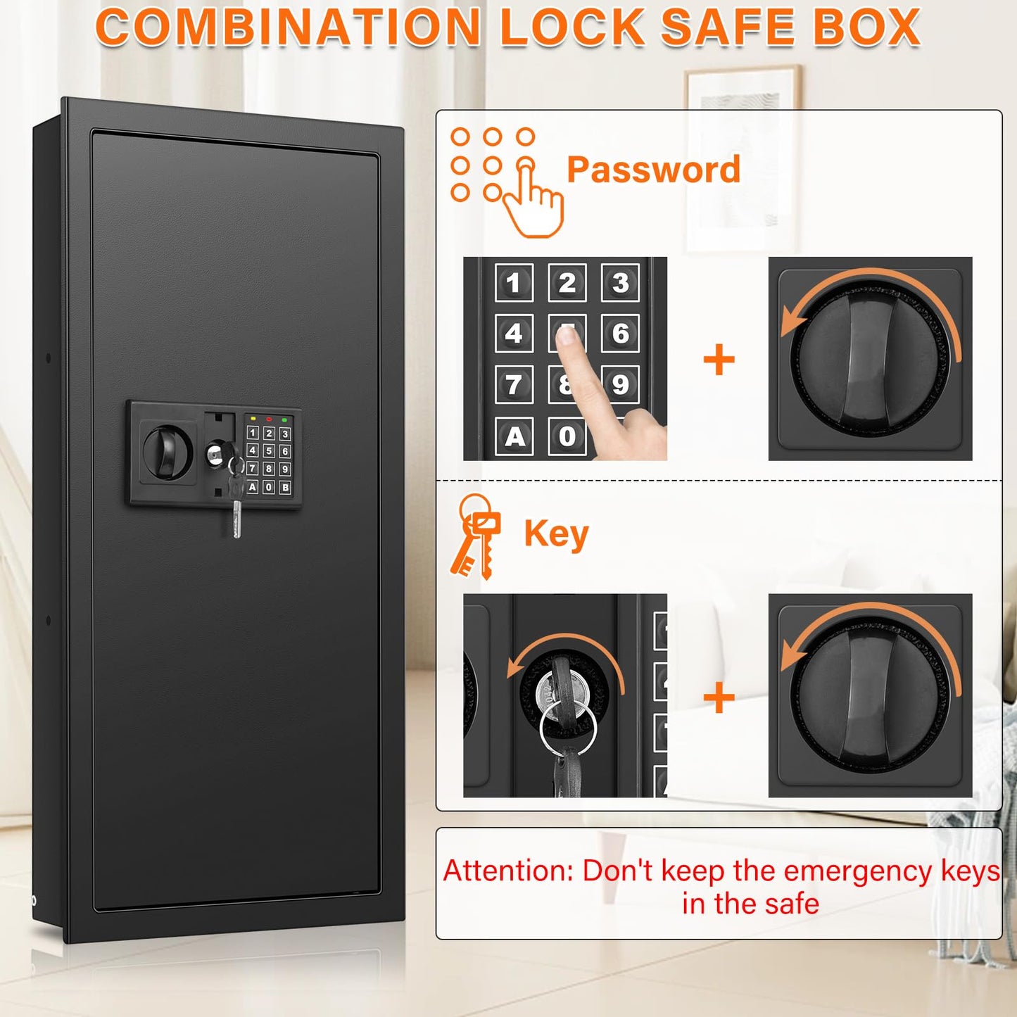 33.46" Tall Fireproof Wall Safes Between the Studs 16" Centers, Heavy Duty Combination Lock in Wall Safe with 3 Removable Shelf, Hidden Safe for Money, Jewelry, Document, Passport