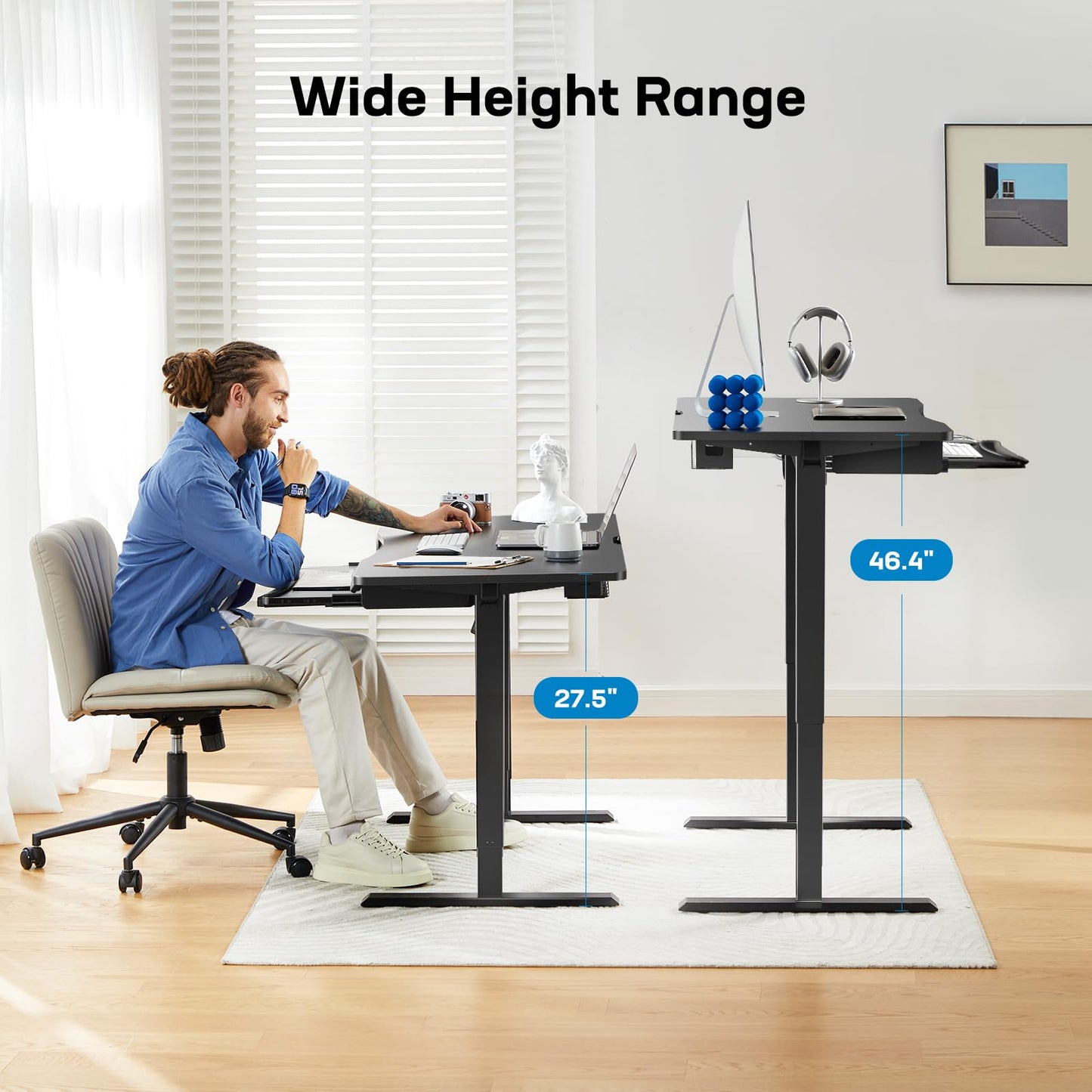 HUANUO 55" x 24" Electric Standing Desk with Large Keyboard Tray(26.7"), Adjustable Height Stand Up Desk for Home Office, 4 Memory Height Settings, 2 Headphone Hooks, Computer Workstation, Bl - WoodArtSupply