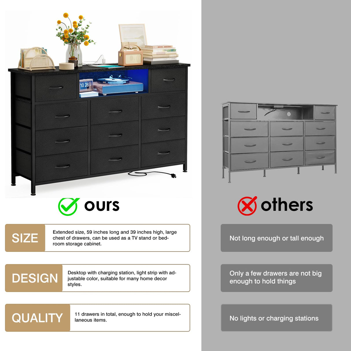 YGEOMER 59in Long Black Dresser for Bedroom TV Stand with Charging Station and LED Lights, Black Dresser with 11 Drawers, Fabric Chest of Drawers with PU Finish for Bedroom, Entryway YGEOMER