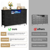 YGEOMER 59in Long Black Dresser for Bedroom TV Stand with Charging Station and LED Lights, Black Dresser with 11 Drawers, Fabric Chest of Drawers with PU Finish for Bedroom, Entryway YGEOMER