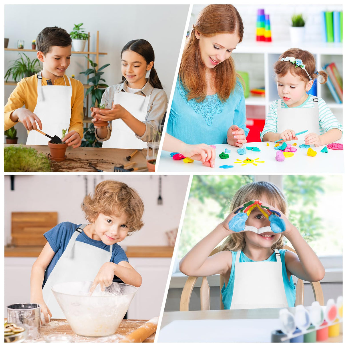 Morcheiong 8 Pack Adjustable Kids Apron Bulk with 2 Pockets Toddler Apron Kids Painting Aprons for Cooking Baking Painting Boys Girls (White) Morcheiong
