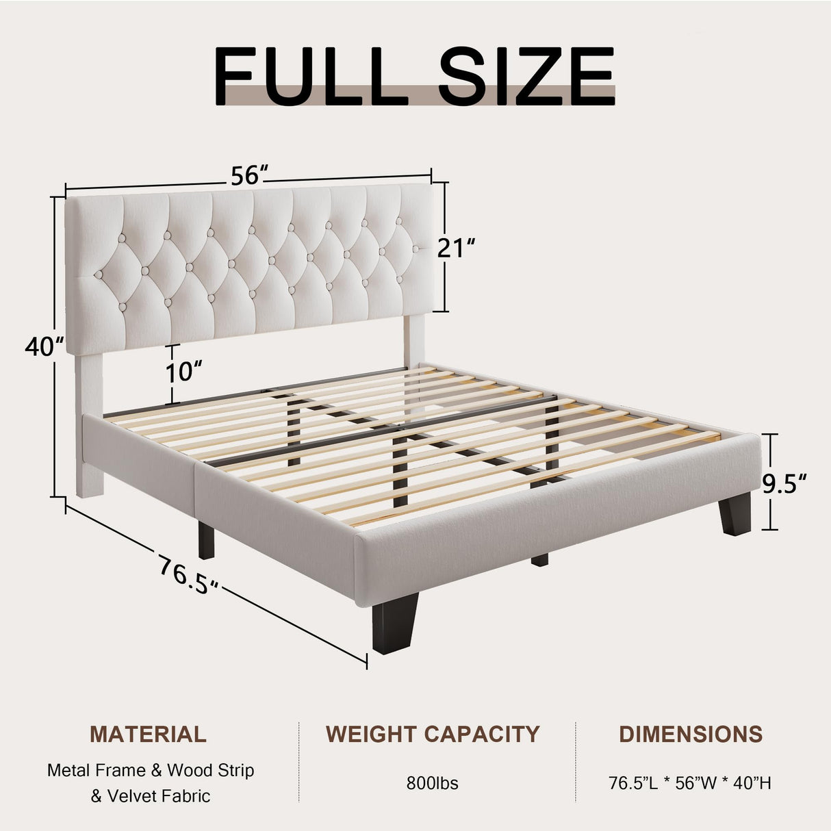 Einhomn Full Upholstered Bed Frame with Headboard, Button Tufted Linen Bed Base, Platform Bed with Wood Slat, Heavy Duty, Easy Assembly, No Box Spring Needed, White Einhomn