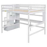 MERITLINE Luxurious Loft Bed: Full Size Loft Bed with Desk, Bookshelves and Storage Staircase, 13.8" H Safety Guard & Ladder, No Box Spring Needed, White MERITLINE