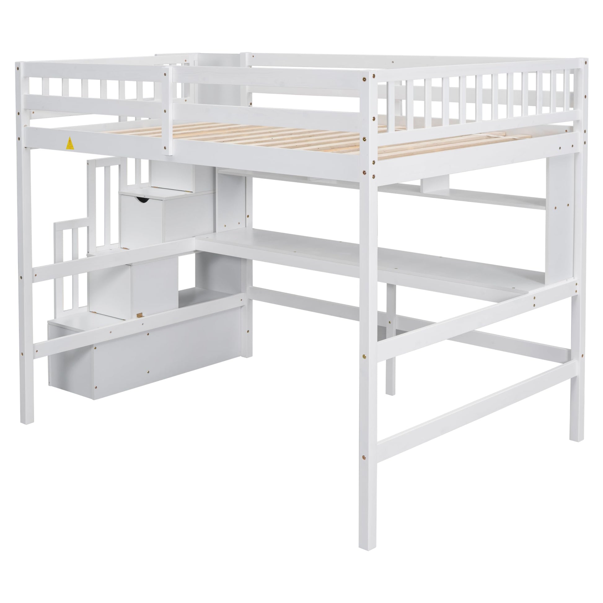 Full Size White Loft Bed with Desk, Storage Stairs & Guardrails for Kids and Teens - WoodArtSupply