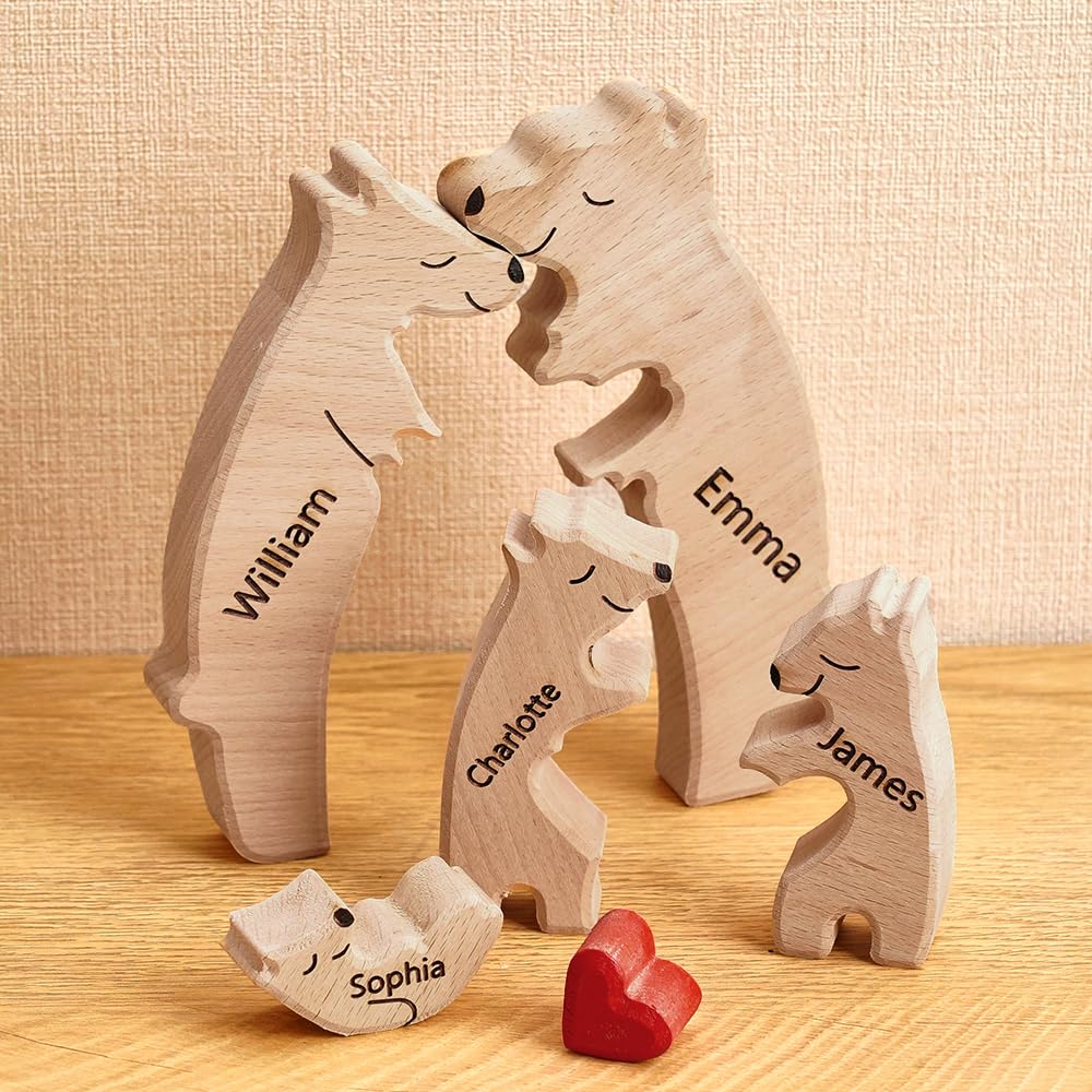 Personalized Wooden Bear Puzzle with 1-8 Family Name, Custom Family Name Sculpture - Ideal for Christmas, Birthdays, Housewarming - Unique Wooden Decor Gift for Mom and Dad - WoodArtSupply