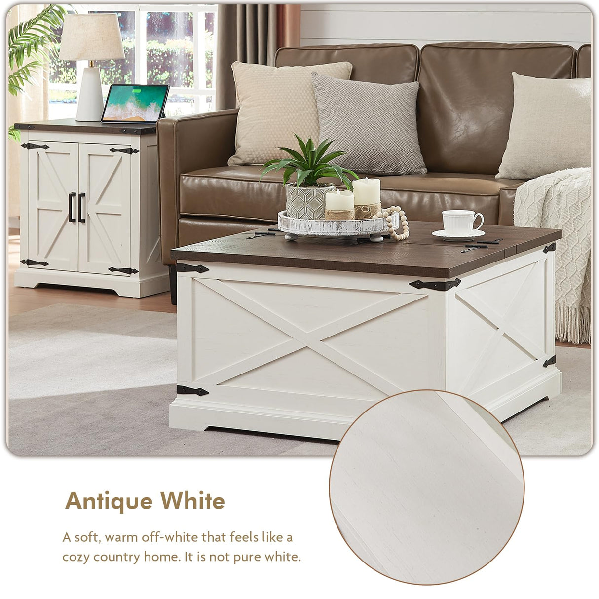 Barnyatoh Farmhouse Square Coffee Table with Storage, Wood Center Table with Hinged Lift Top, Rustic Cocktail Table with Large Hidden Storage Compartment for Living Room, Bedroom,Antique White Barnyatoh