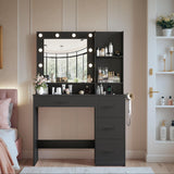 Furmax Vanity Desk with LED Lighted Mirror&Power Outlet, 39.3’’ Makeup Vanity Table with 4 Drawers and 3 Storage Shelves, Adjustable 3 Lighting Colorfor Bedroom&Dressing Room (Black) Furmax