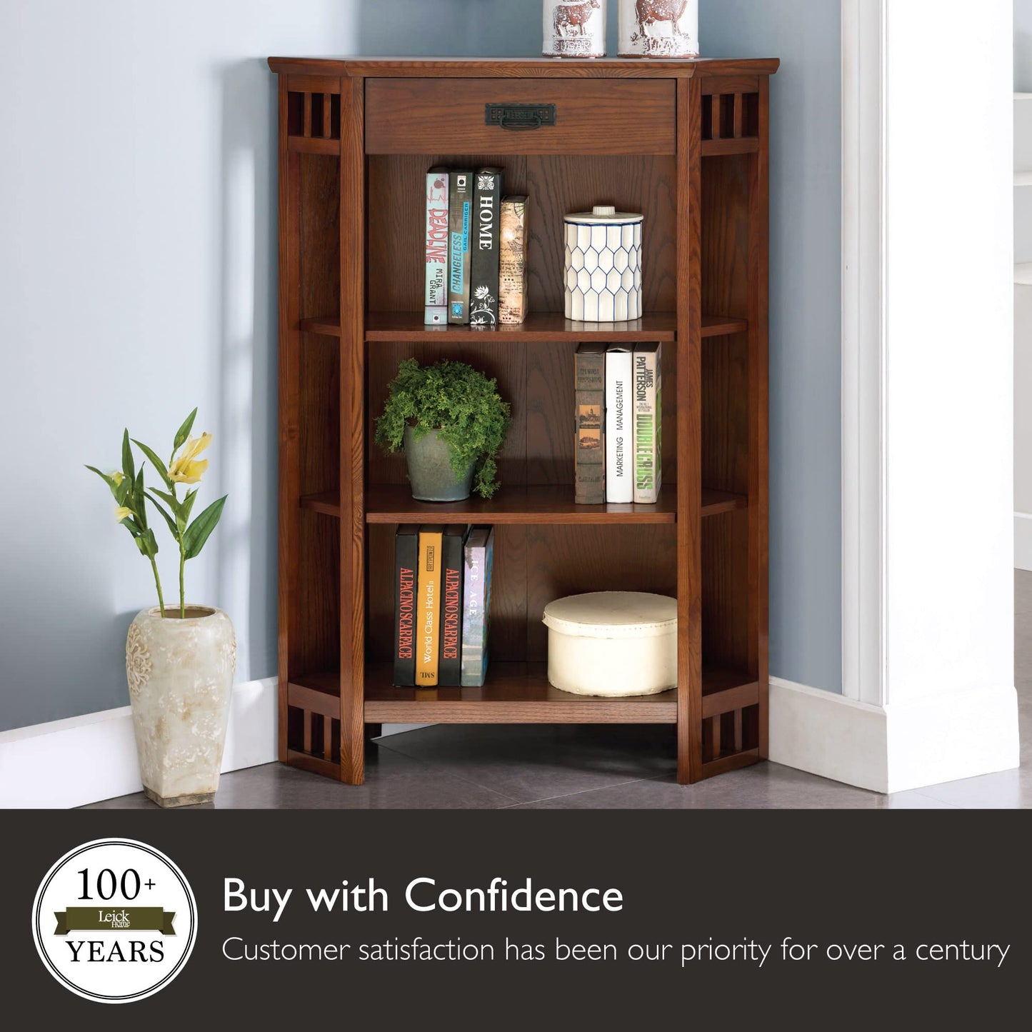 Leick Home Mantel Height Corner Bookcase with Drawer Storage, Made with Solid Wood, for Entryway, Living Rooms, Home Office, Bedroom, Mission Oak Finish, 12"D x 32"W x 50"H, Brownbronze - WoodArtSupply